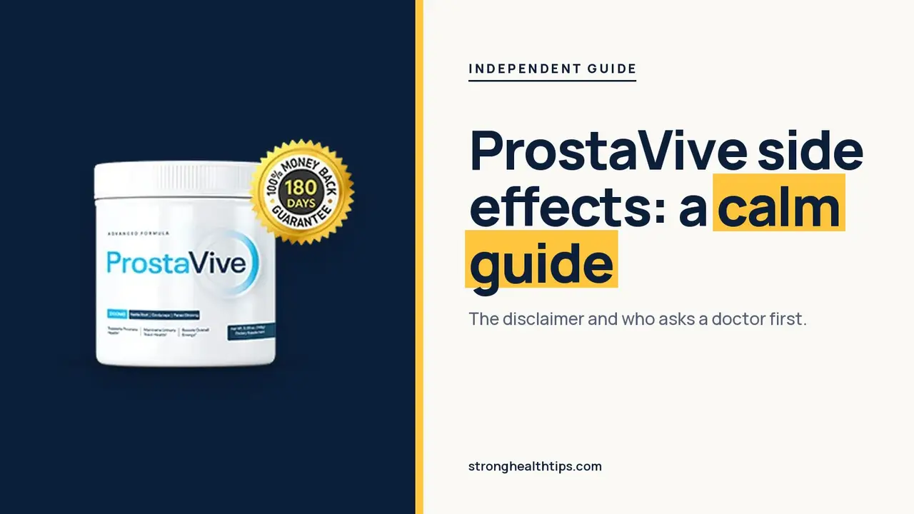 ProstaVive side effects: headline beside a ProstaVive tub on a navy panel with a yellow edge