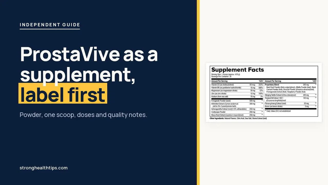 ProstaVive supplement reviews: headline beside a ProstaVive tub on a navy panel with a yellow edge