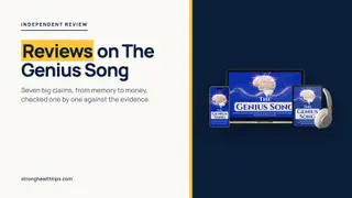 Reviews on The Genius Song: headline beside a device mockup of the audio track on a navy panel