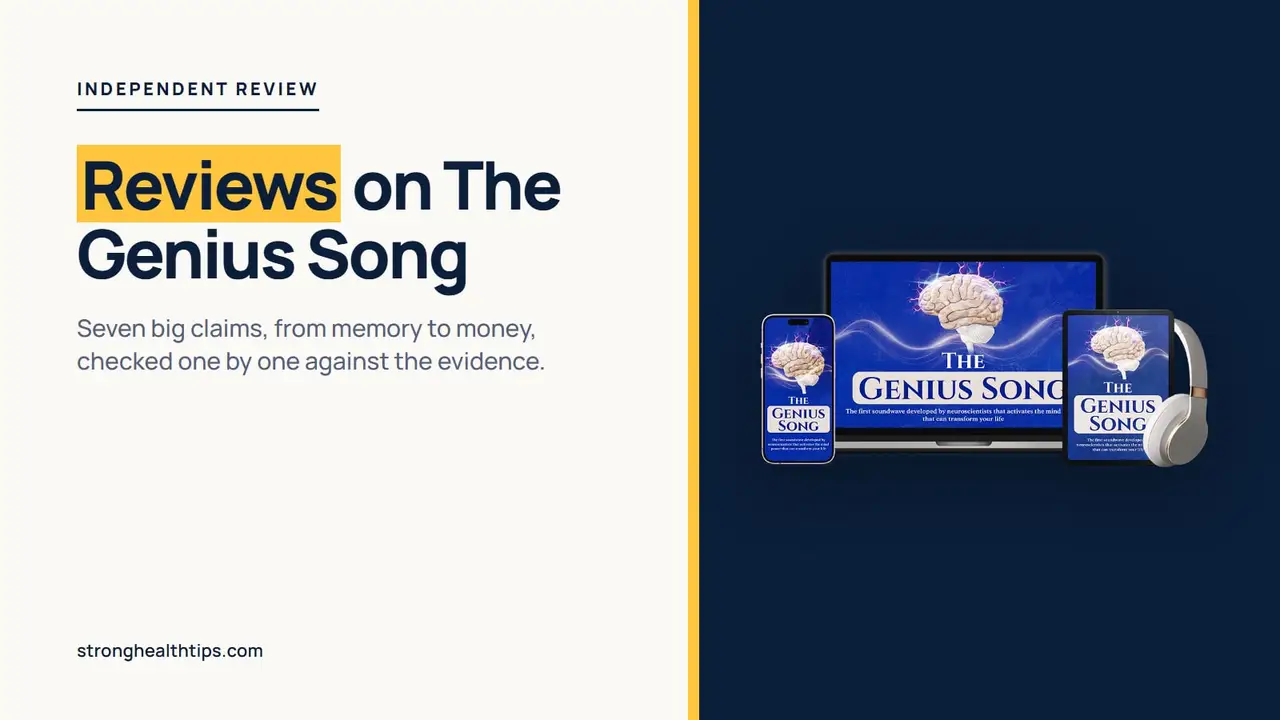 Reviews on The Genius Song: headline beside a device mockup of the audio track on a navy panel