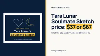 Tara Lunar Soulmate Sketch price headline showing $37 and $67 beside a navy and yellow heart and moon graphic