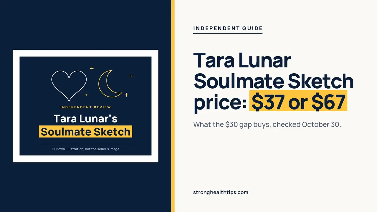Tara Lunar Soulmate Sketch price headline showing $37 and $67 beside a navy and yellow heart and moon graphic