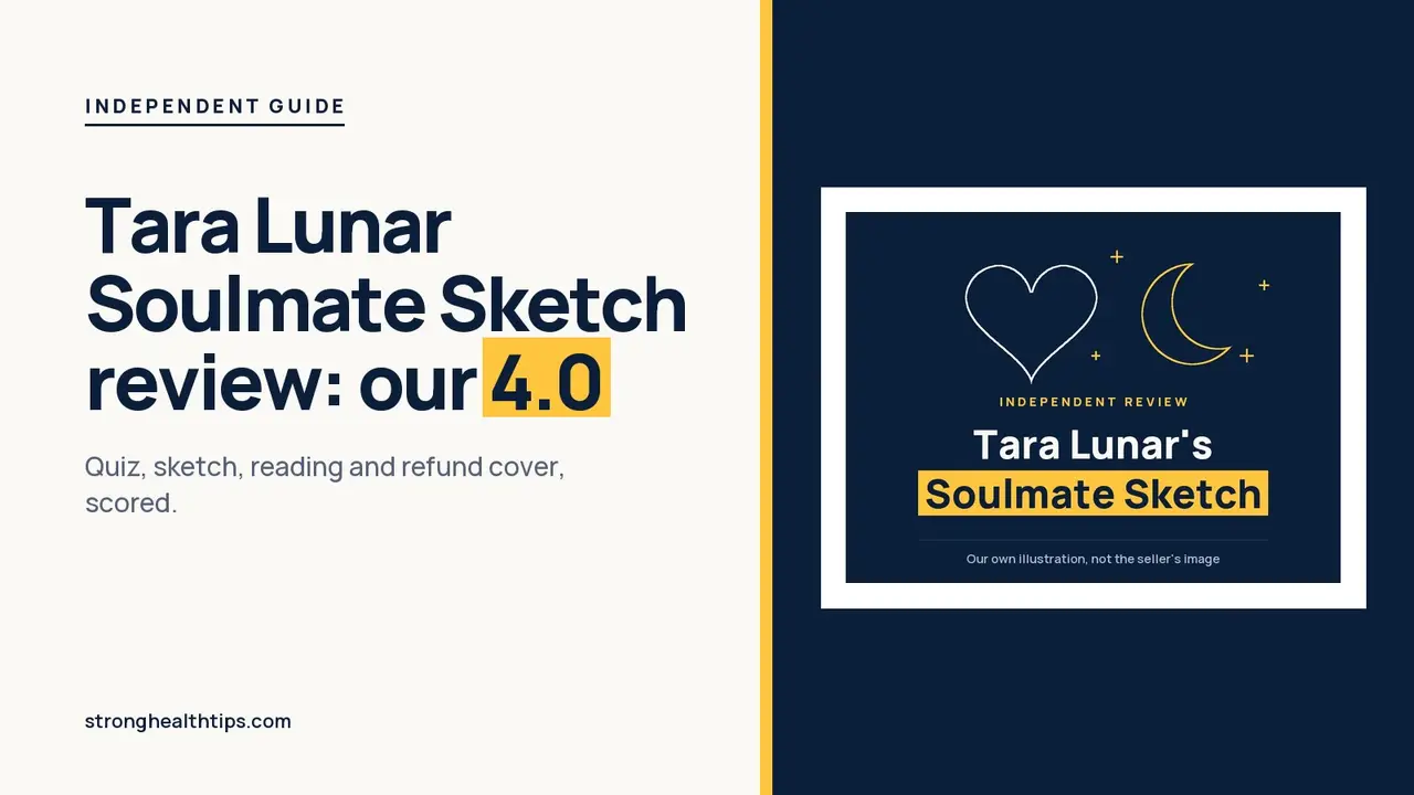 Tara Lunar Soulmate Sketch review headline with our 4.0 score beside a navy and yellow heart and moon graphic