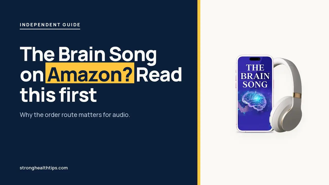 The Brain Song Amazon question: headline about buying from the seller beside a phone showing The Brain Song audio on cream