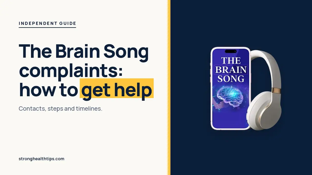 The Brain Song complaints guide: headline about fixing order issues beside a phone showing The Brain Song audio