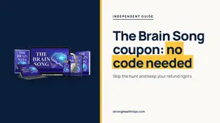 The Brain Song coupon guide: no code needed headline beside The Brain Song audio on a phone on navy and cream