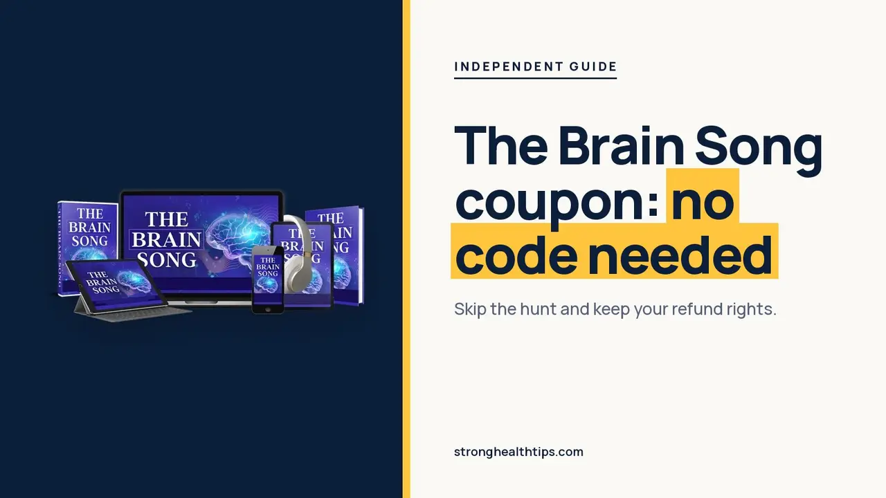 The Brain Song coupon guide: no code needed headline beside The Brain Song audio on a phone on navy and cream