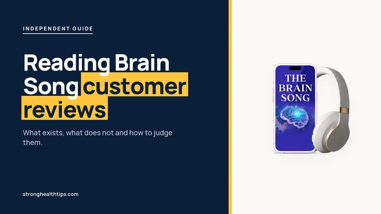 The Brain Song customer reviews: guide headline on cream beside a navy panel with a phone playing The Brain Song audio