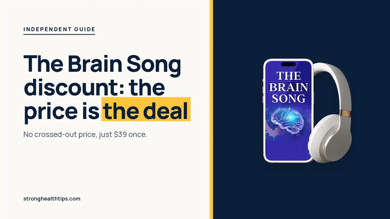 The Brain Song discount guide: headline about the $39 deal beside The Brain Song audio on a phone with a yellow highlight