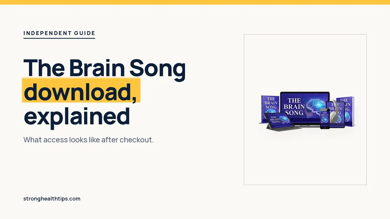 The Brain Song download guide: headline about access after checkout beside The Brain Song audio on a phone, navy and cream