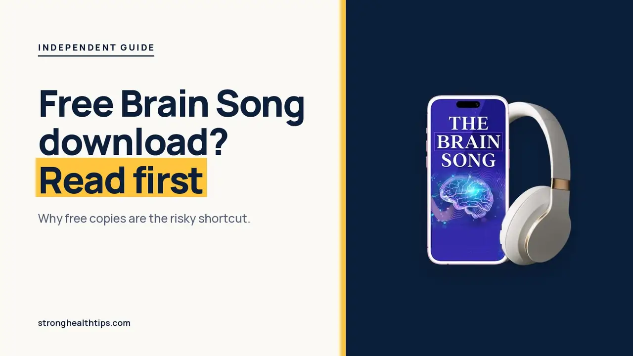 The Brain Song free download guide: headline about free copies on cream beside The Brain Song audio on a phone and navy panel
