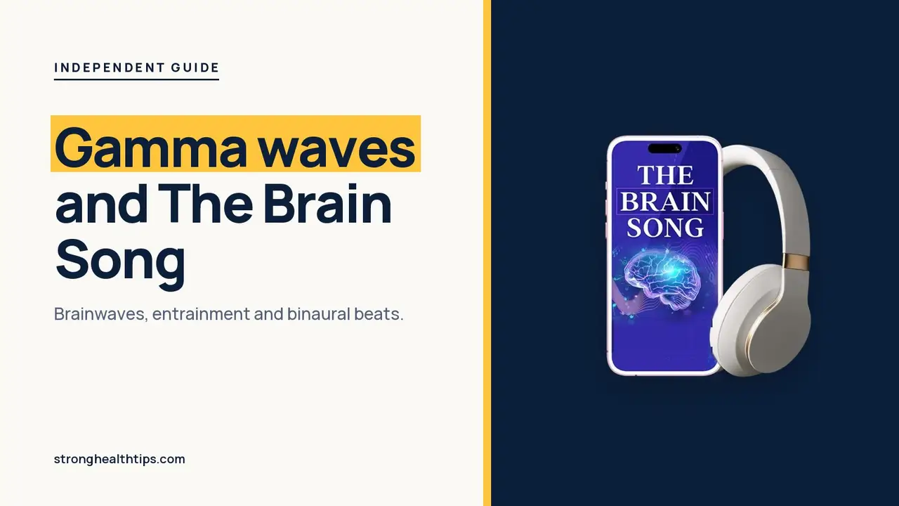 The Brain Song gamma waves explainer: plain-language headline beside a phone and headphones with The Brain Song audio