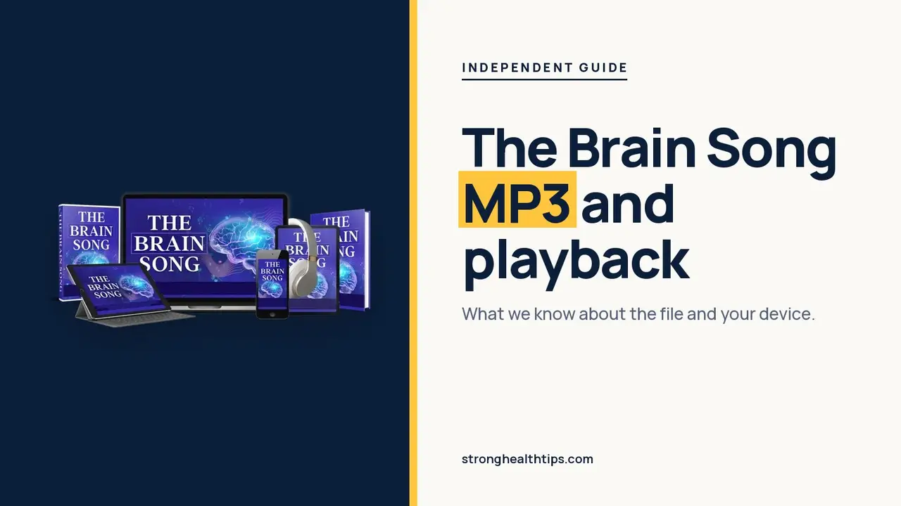 The Brain Song MP3 question: headline about the audio file beside a phone and headphones on a navy and warm white layout