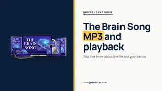 The Brain Song MP3 question: headline about the audio file beside a phone and headphones on a navy and warm white layout