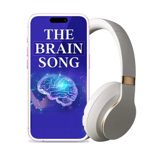 Mockup of The Brain Song digital audio on a phone screen beside white over-ear headphones
