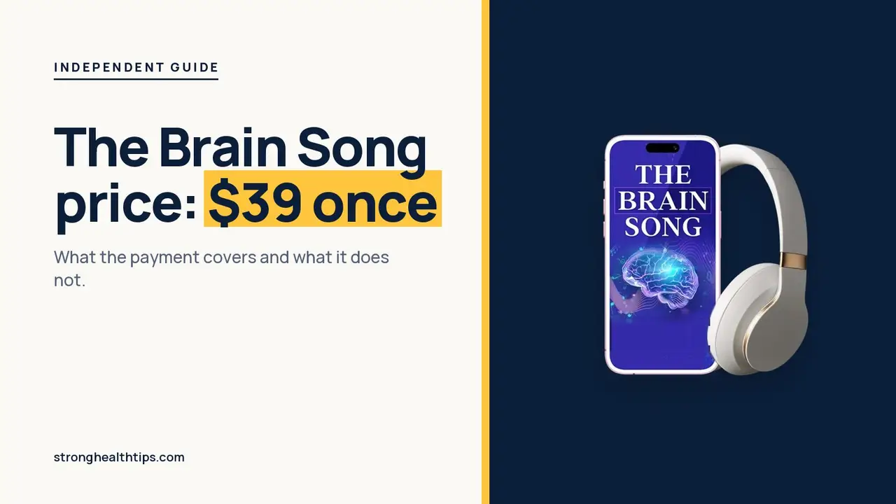 The Brain Song price: $39 one-time headline beside a phone with The Brain Song audio on a cream and navy layout