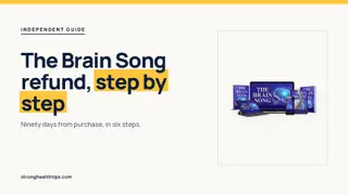 The Brain Song refund policy: 90-day guarantee steps headline beside The Brain Song audio on a phone, navy and cream
