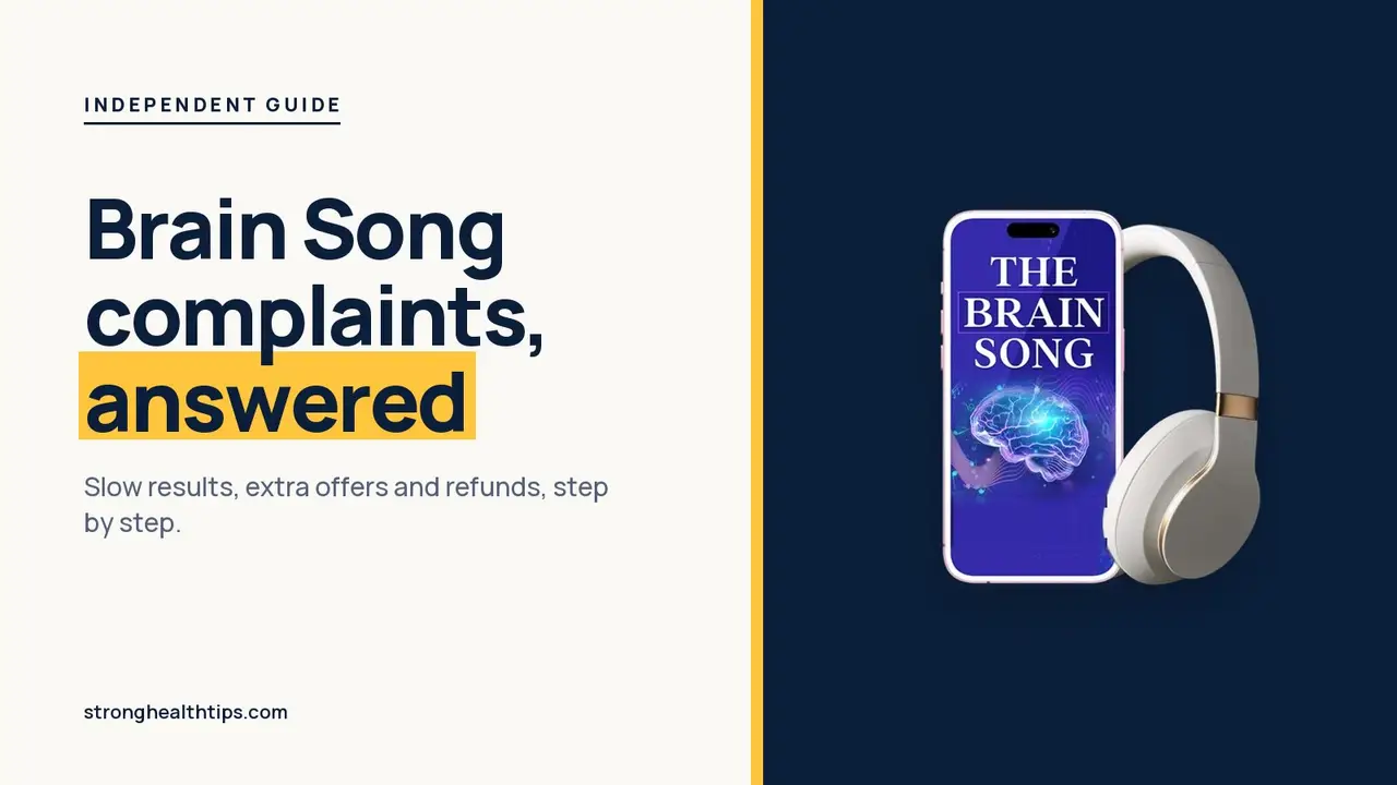 The Brain Song reviews and complaints: questions answered headline beside The Brain Song audio on a phone, navy and cream