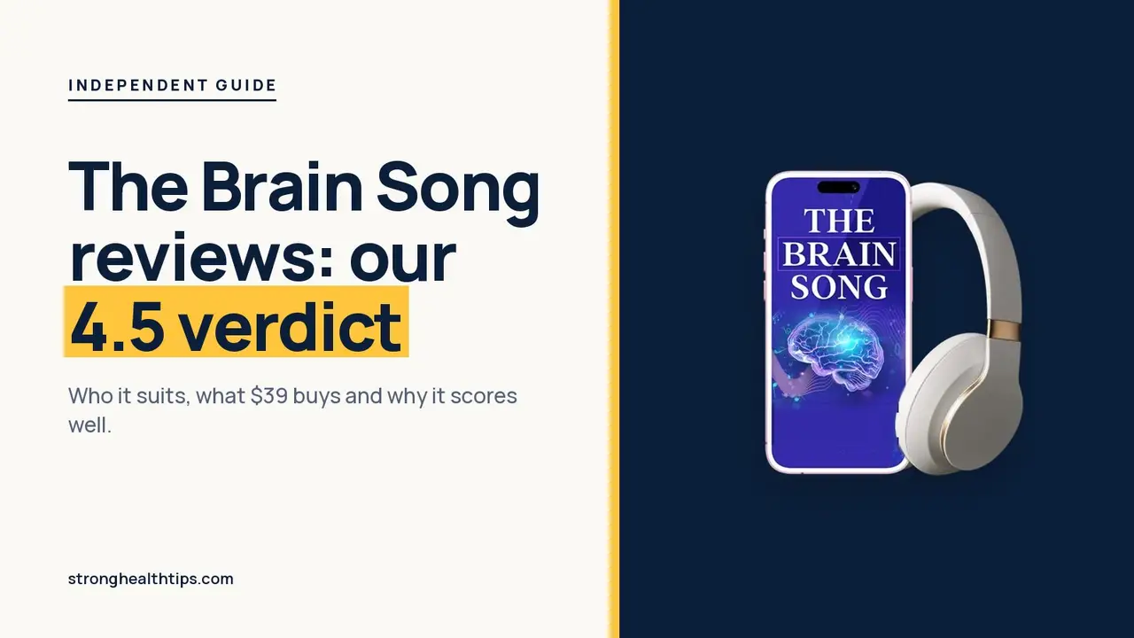 The Brain Song reviews: headline and our 4.5 verdict beside a phone playing The Brain Song audio on a navy panel