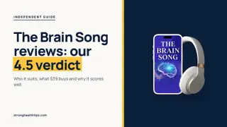 The Brain Song reviews: headline and our 4.5 verdict beside a phone playing The Brain Song audio on a navy panel