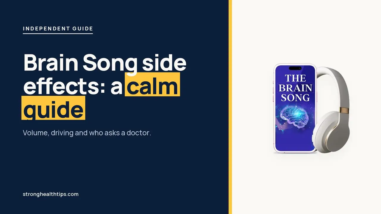 The Brain Song side effects safety guide: calm headline beside a phone and headphones with The Brain Song audio