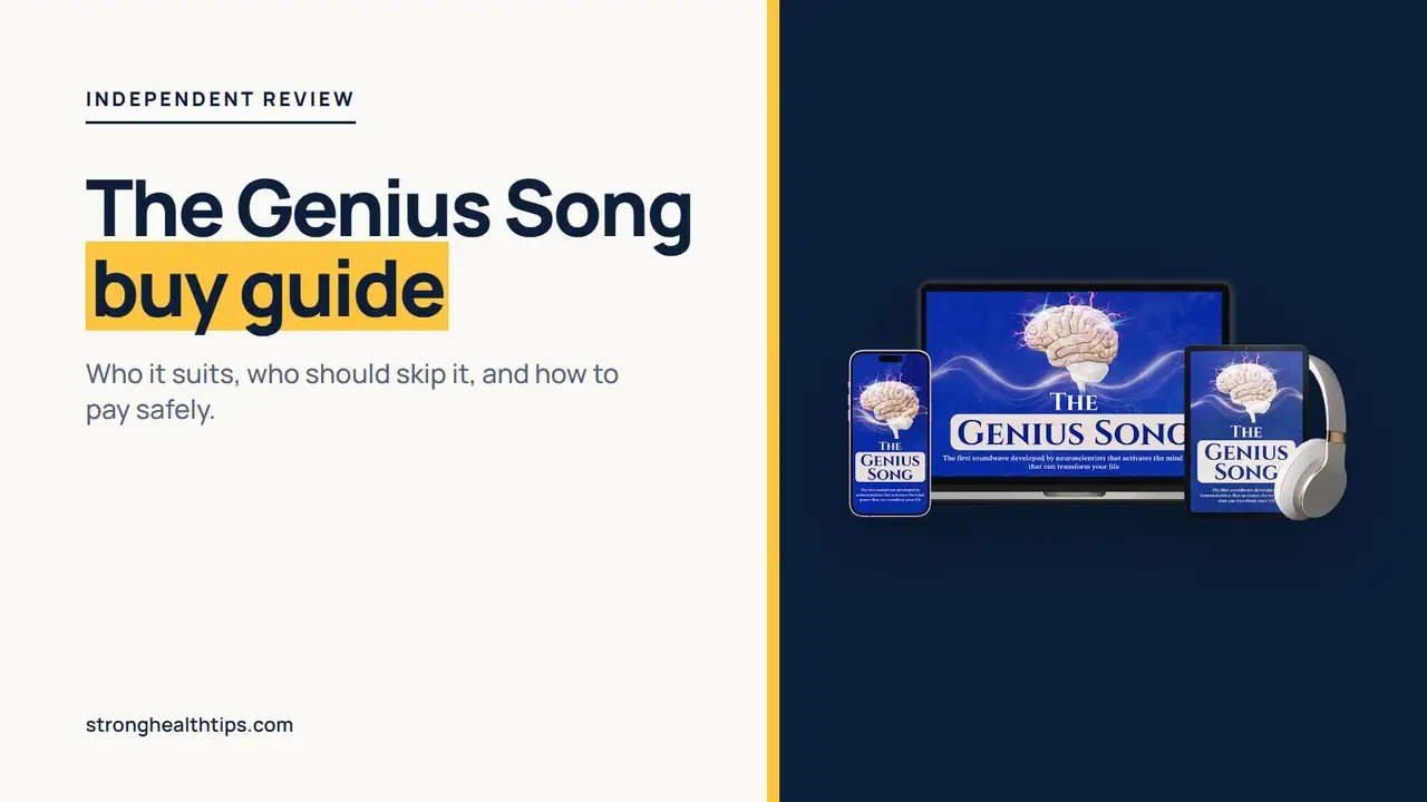 The Genius Song buy guide: headline about who should order beside a mockup of The Genius Song audio on a navy panel