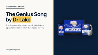 The Genius Song by Dr Lake: headline about the pen-name disclaimer beside the seller's audio product mockup on a navy panel