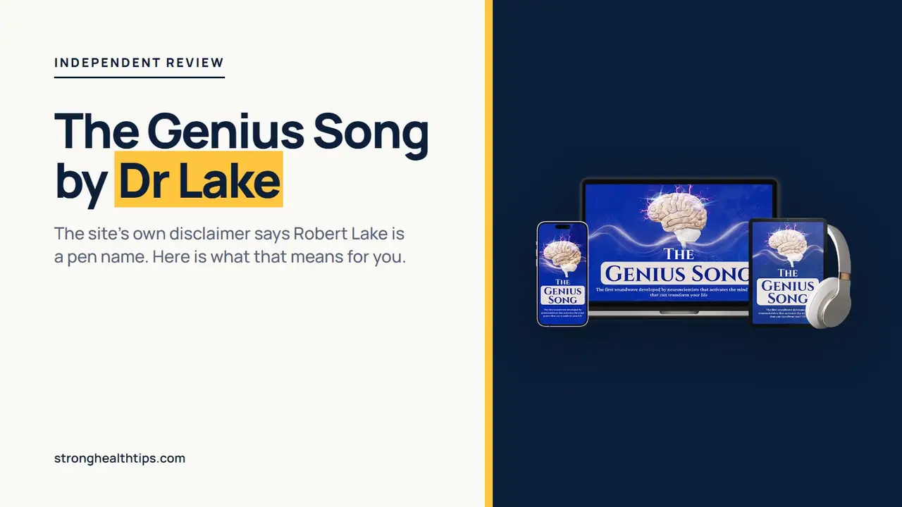 The Genius Song by Dr Lake: headline about the pen-name disclaimer beside the seller's audio product mockup on a navy panel