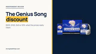 The Genius Song discount explained: headline about the real price beside a mockup of The Genius Song audio on a navy panel