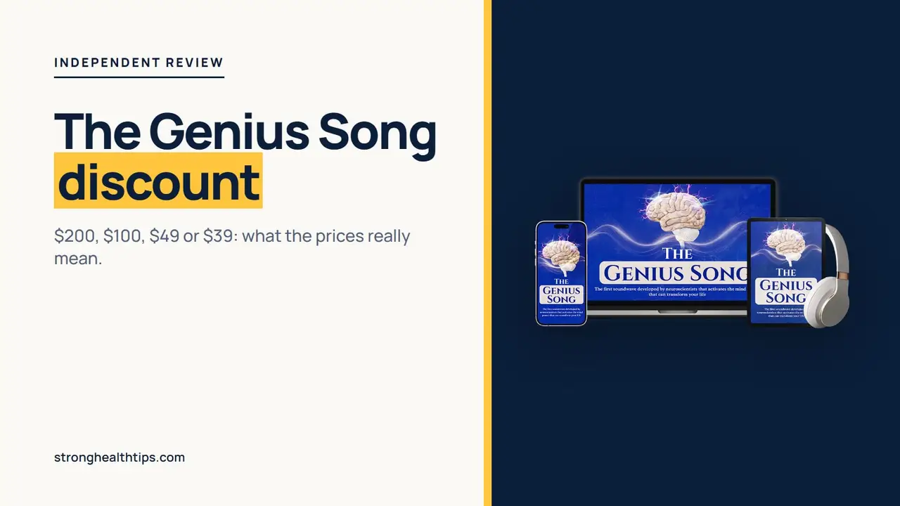 The Genius Song discount explained: headline about the real price beside a mockup of The Genius Song audio on a navy panel