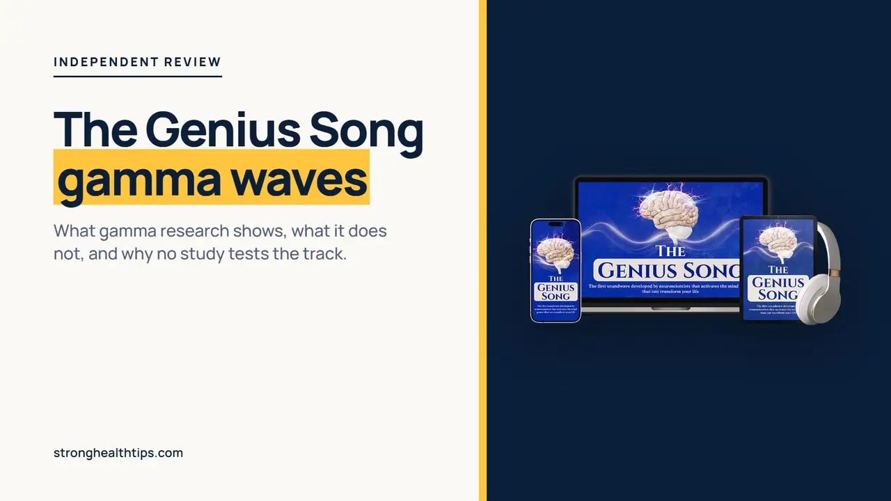 The Genius Song gamma waves: headline on what gamma research shows next to the seller's audio product mockup on a navy panel