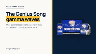 The Genius Song gamma waves: headline on what gamma research shows next to the seller's audio product mockup on a navy panel