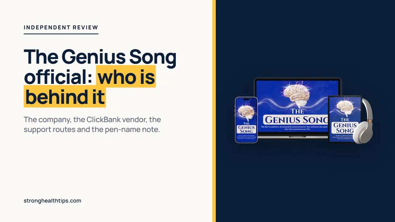 The Genius Song official seller explained: headline on cream beside a product mockup of the audio track on a navy panel