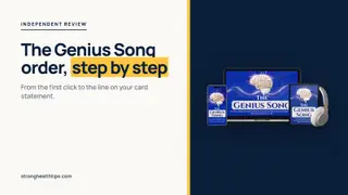 The Genius Song order walkthrough: step-by-step headline beside a mockup of The Genius Song audio on a navy panel