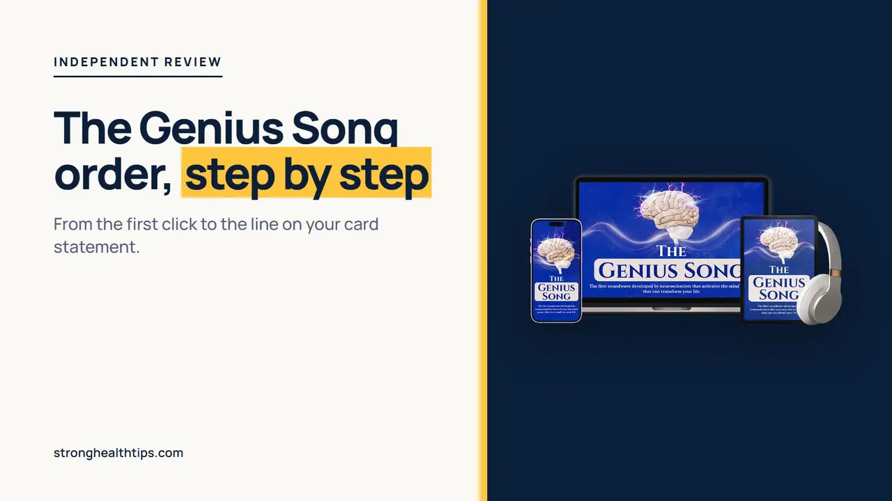 The Genius Song order walkthrough: step-by-step headline beside a mockup of The Genius Song audio on a navy panel