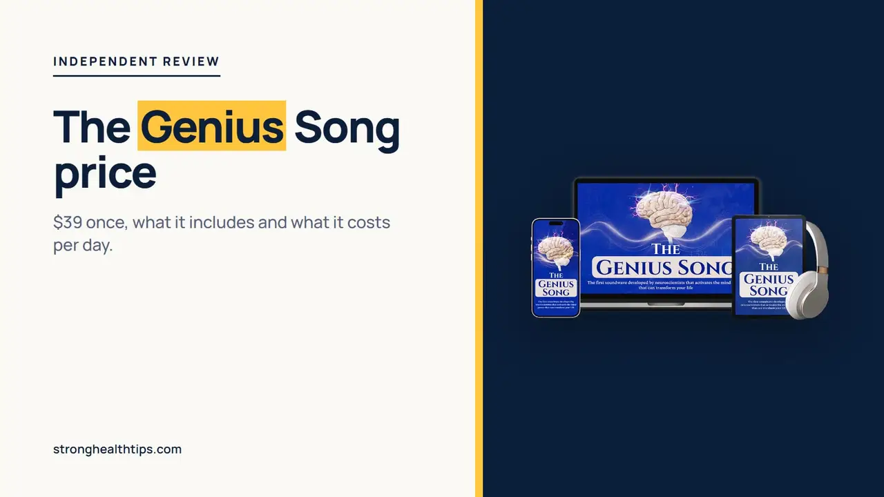 The Genius Song price: a headline about the $39 one-time price beside a device mockup of the audio track on a navy panel