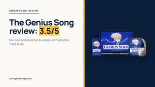 The Genius Song review: a headline with our 3.5 out of 5 scorecard beside a mockup of the audio track on a navy panel