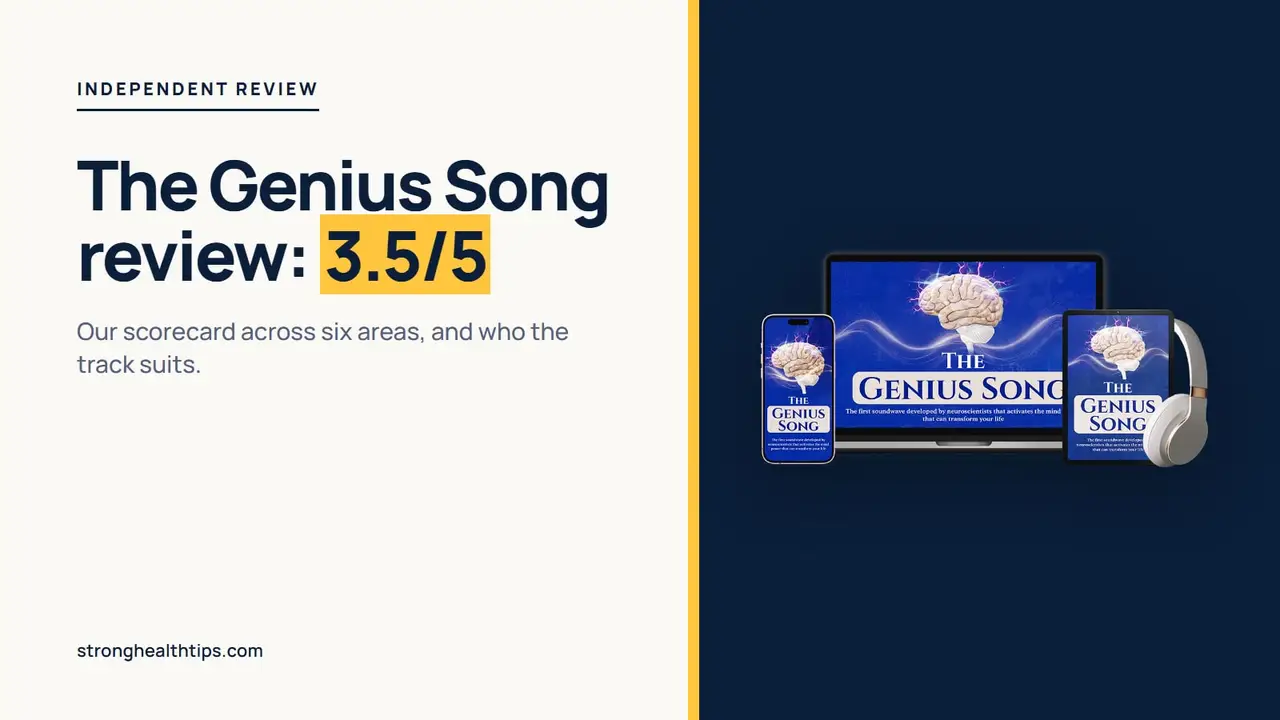 The Genius Song review: a headline with our 3.5 out of 5 scorecard beside a mockup of the audio track on a navy panel