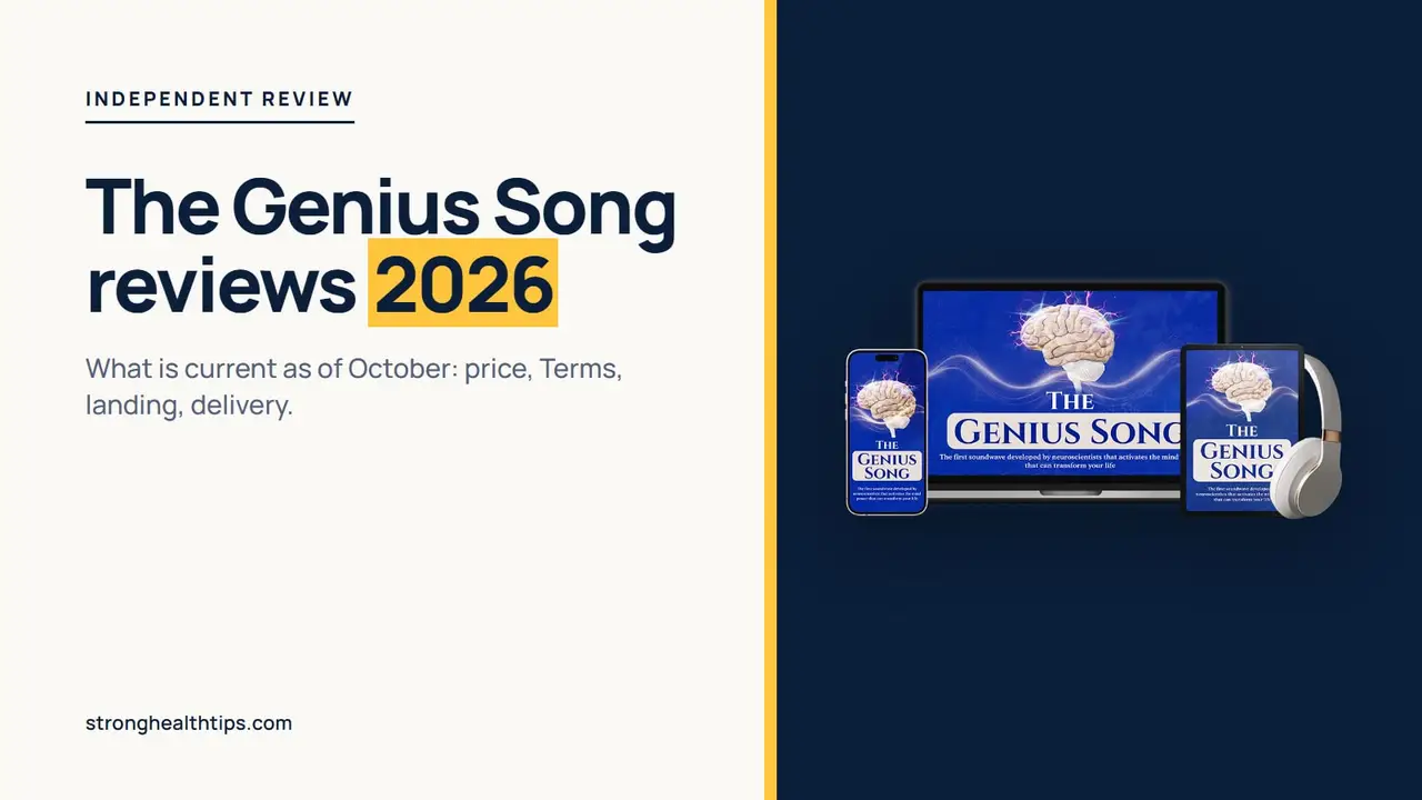 The Genius Song reviews 2026: a headline about the October check beside a mockup of the audio track on a navy panel