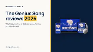 The Genius Song reviews 2026: a headline about the October check beside a mockup of the audio track on a navy panel