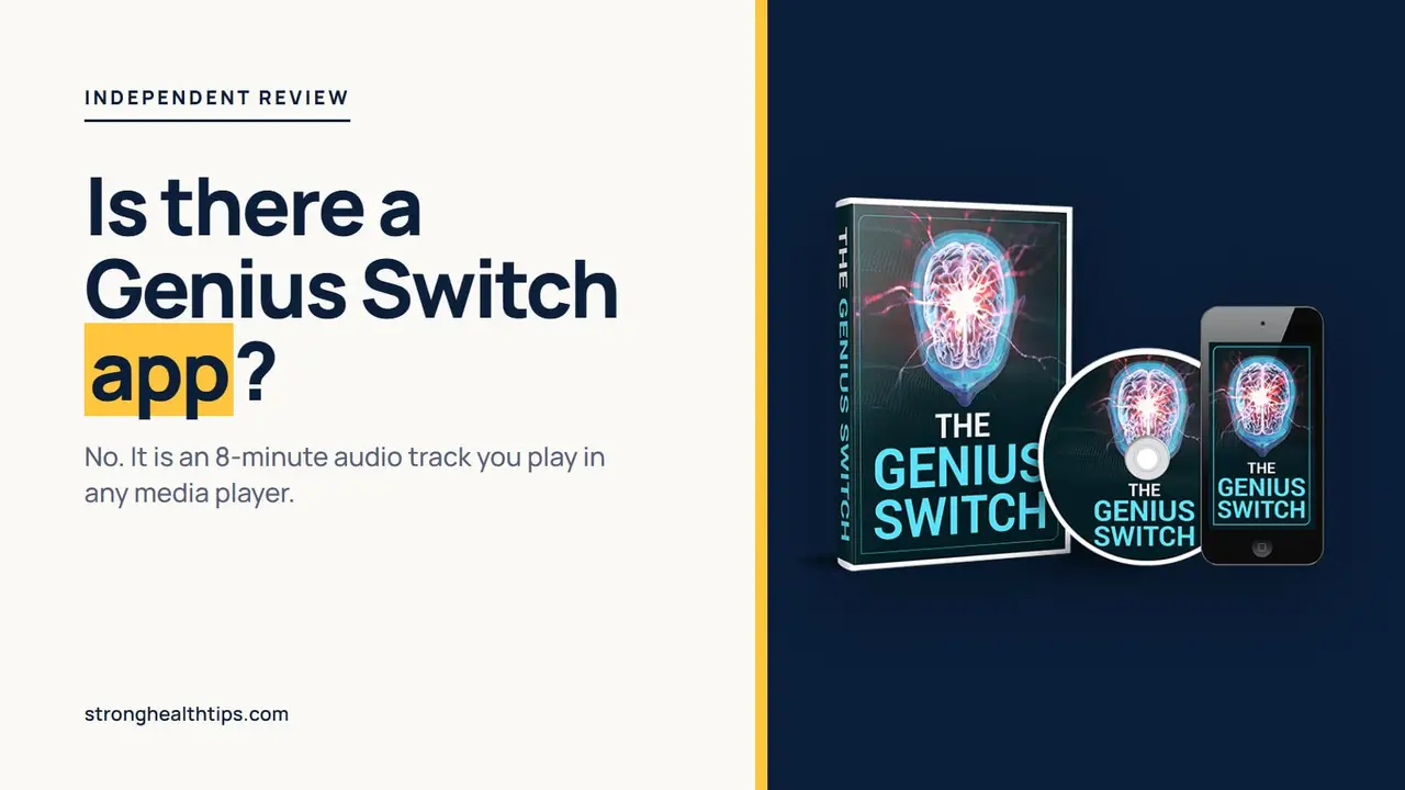 The Genius Switch app: product mockup of The Genius Switch audio track on a navy panel