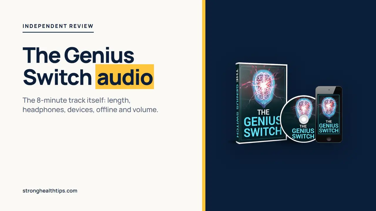 The Genius Switch audio: headline beside a product mockup of the 8-minute audio track on a navy panel