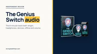 The Genius Switch audio: headline beside a product mockup of the 8-minute audio track on a navy panel