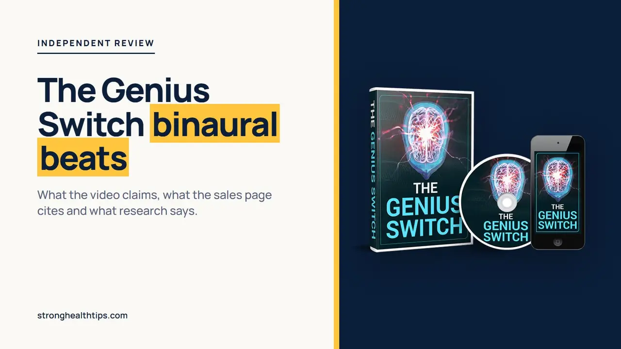 The Genius Switch binaural beats: product mockup of The Genius Switch audio track on a navy panel