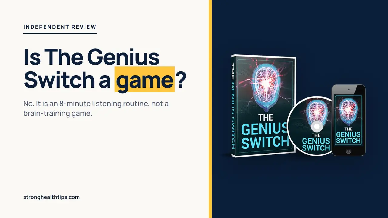 The Genius Switch game: product mockup of The Genius Switch audio track on a navy panel