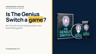 The Genius Switch game: product mockup of The Genius Switch audio track on a navy panel