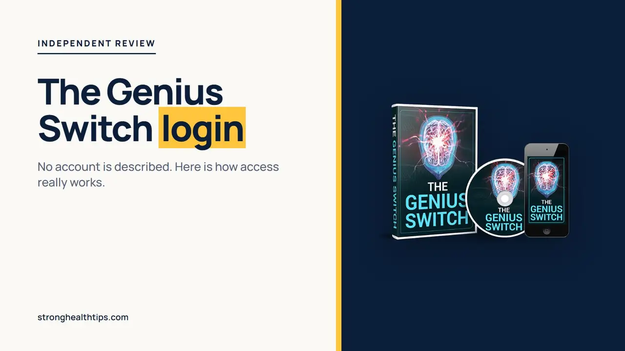 The Genius Switch login: headline beside a product mockup of The Genius Switch audio track on a navy panel