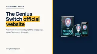 The Genius Switch official website: headline beside a product mockup of The Genius Switch audio track on a navy panel