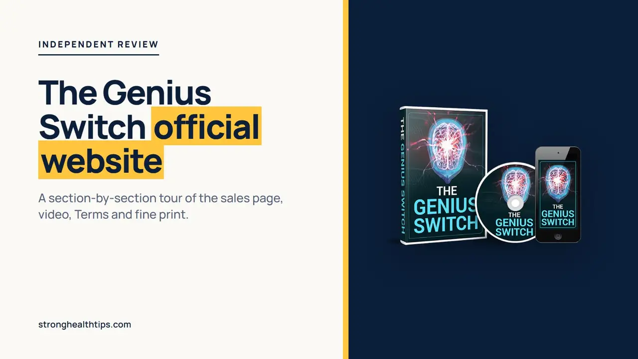 The Genius Switch official website: headline beside a product mockup of The Genius Switch audio track on a navy panel