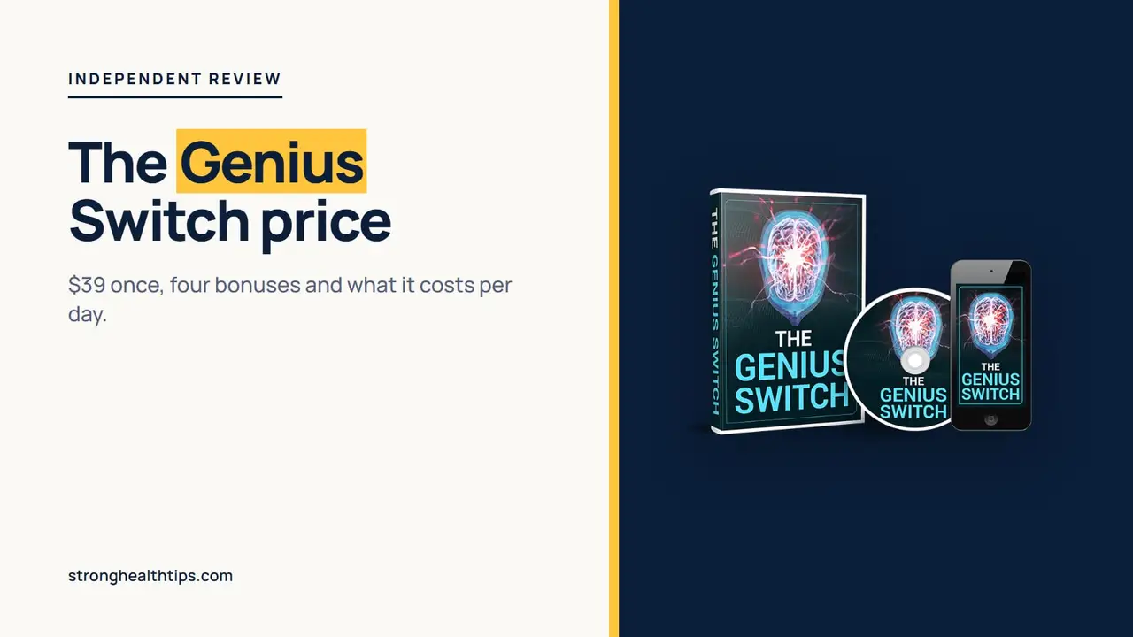 The Genius Switch price: a headline about the $39 one-time price beside a product mockup of The Genius Switch audio track